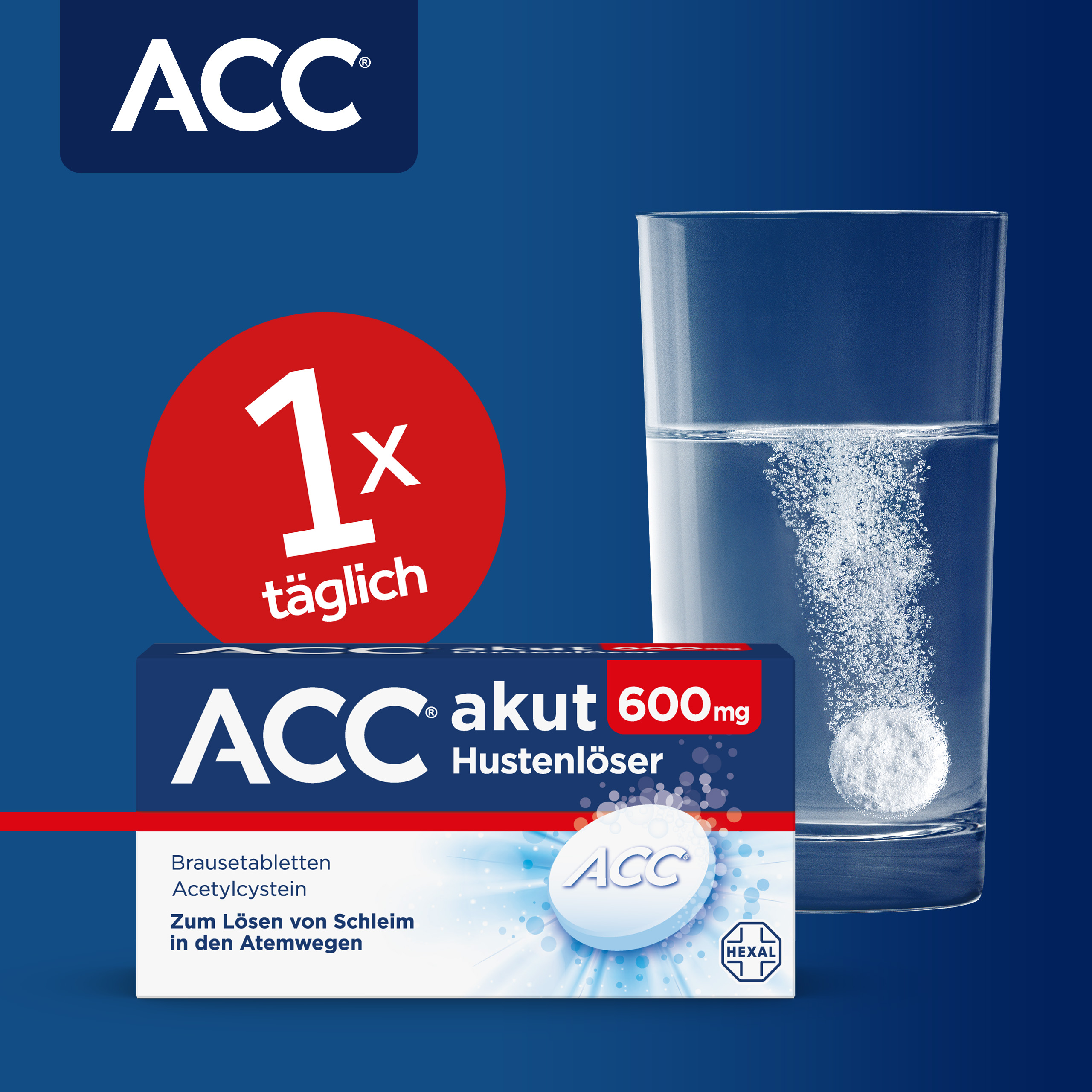 Zwei Personen schauen auf ein Tablet. ACC akut 600mg Packung und ein Glas Wasser.